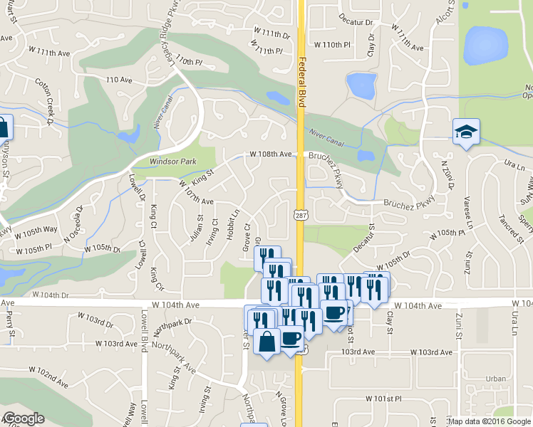 map of restaurants, bars, coffee shops, grocery stores, and more near 3032 West 107th Place in Westminster