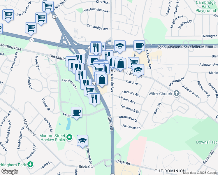 map of restaurants, bars, coffee shops, grocery stores, and more near 30 South Maple Avenue in Evesham Township