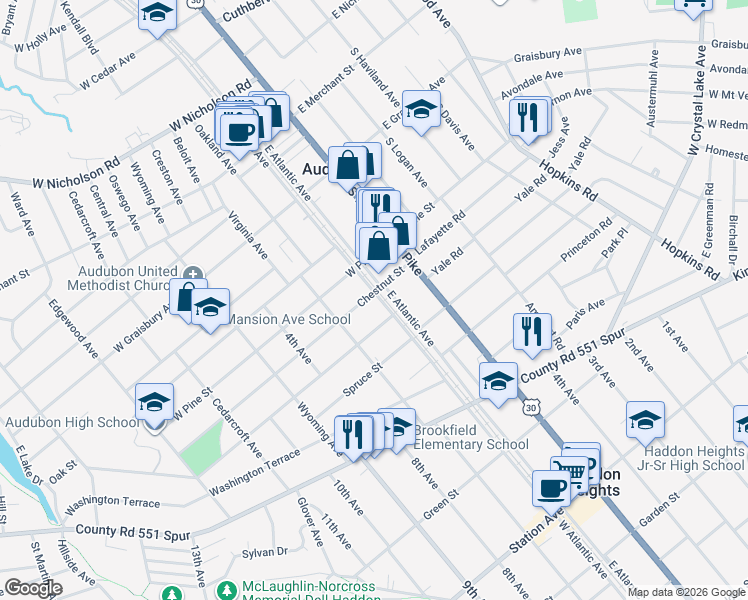 map of restaurants, bars, coffee shops, grocery stores, and more near 100 Chestnut Street in Audubon