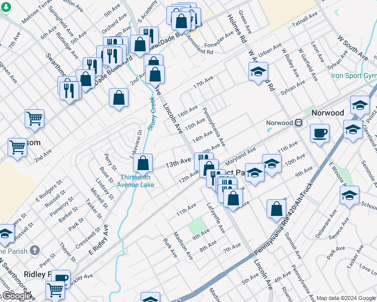 map of restaurants, bars, coffee shops, grocery stores, and more near 1320 Lincoln Avenue in Prospect Park