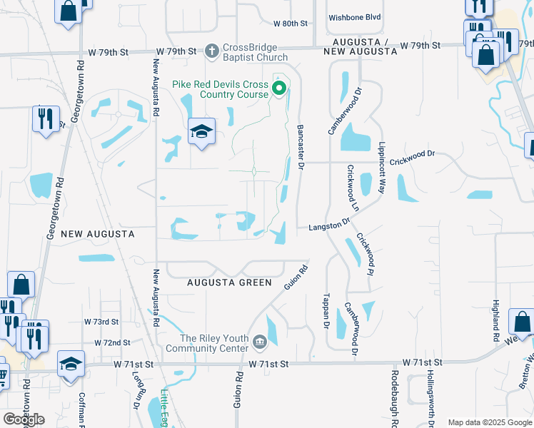 map of restaurants, bars, coffee shops, grocery stores, and more near 7511 New Augusta Road in Indianapolis