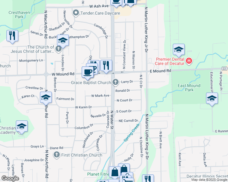 map of restaurants, bars, coffee shops, grocery stores, and more near 2 Ronald Drive in Decatur