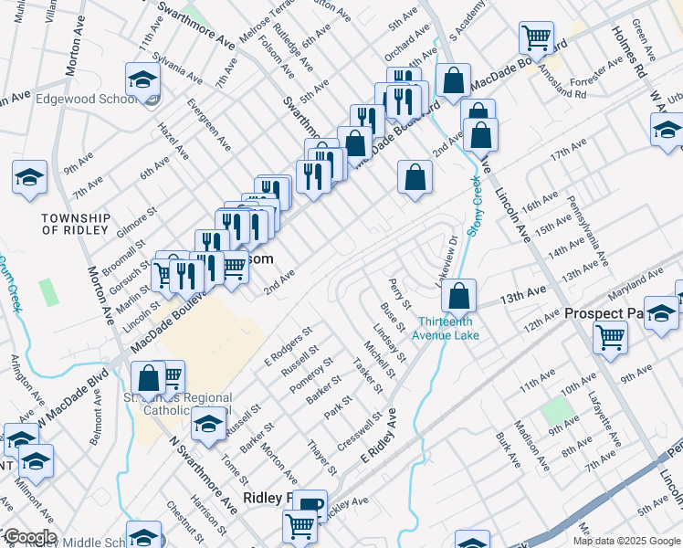 map of restaurants, bars, coffee shops, grocery stores, and more near 554 Michell Street in Ridley Park