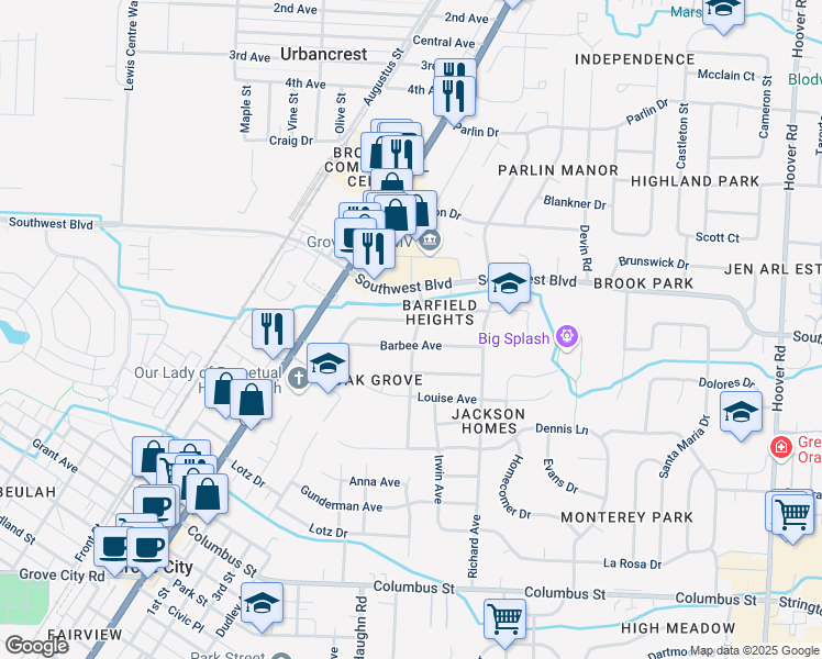 map of restaurants, bars, coffee shops, grocery stores, and more near 3651 Sheldon Place in Grove City