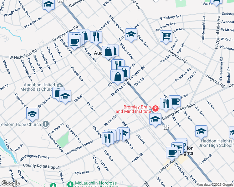 map of restaurants, bars, coffee shops, grocery stores, and more near 100 Chestnut Street in Audubon