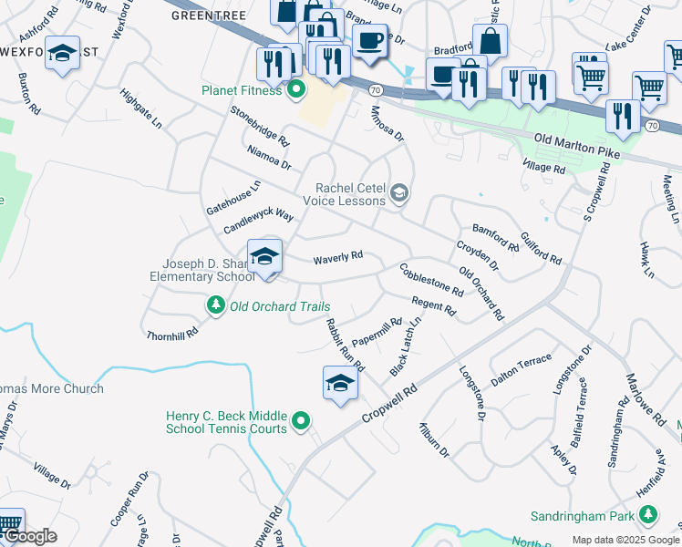 map of restaurants, bars, coffee shops, grocery stores, and more near 419 Old Orchard Road in Cherry Hill Township