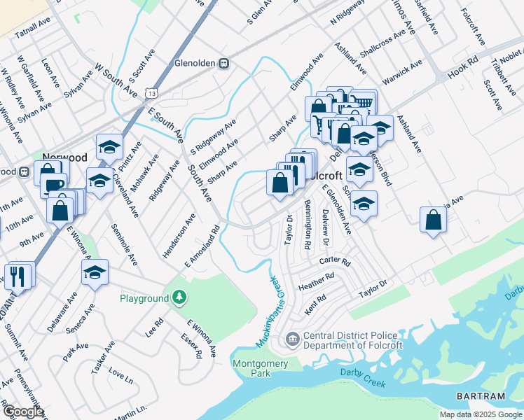 map of restaurants, bars, coffee shops, grocery stores, and more near 2117 Ravenwood Drive in Folcroft