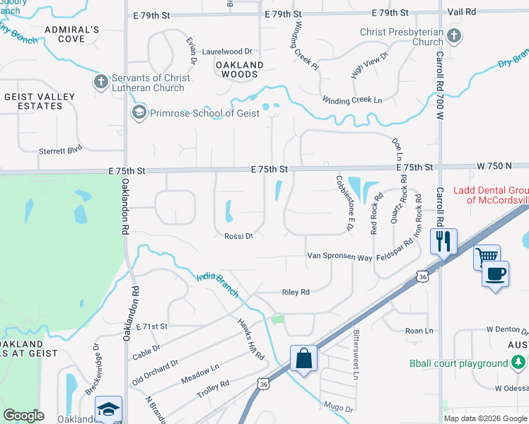 map of restaurants, bars, coffee shops, grocery stores, and more near 12199 Stacie Circle in Indianapolis