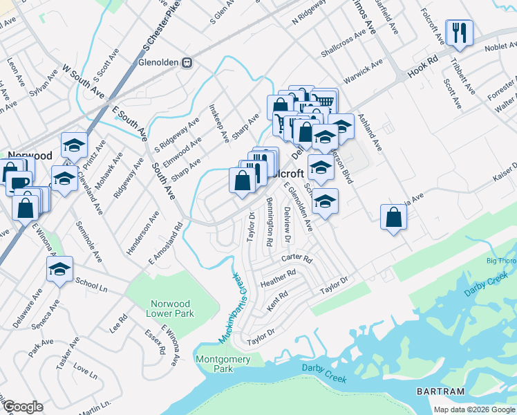 map of restaurants, bars, coffee shops, grocery stores, and more near 724 Bennington Road in Folcroft