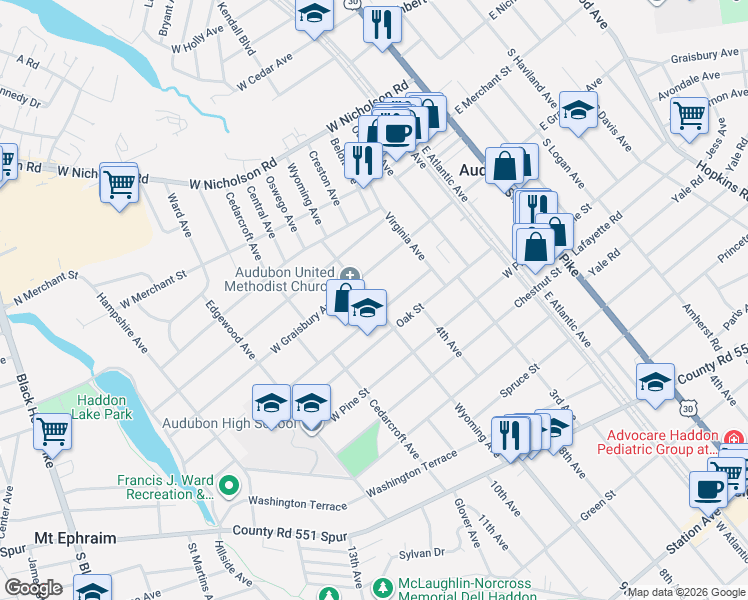 map of restaurants, bars, coffee shops, grocery stores, and more near 213 Wyoming Avenue in Audubon