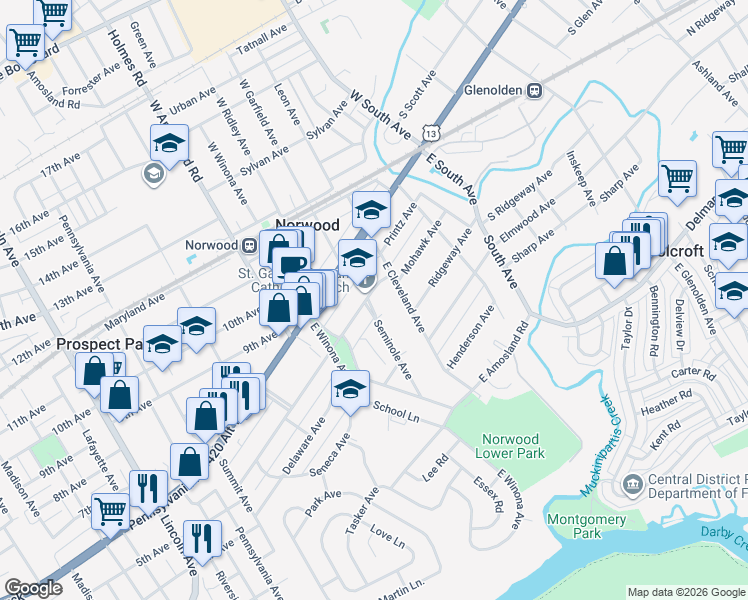 map of restaurants, bars, coffee shops, grocery stores, and more near 230 Mohawk Avenue in Norwood