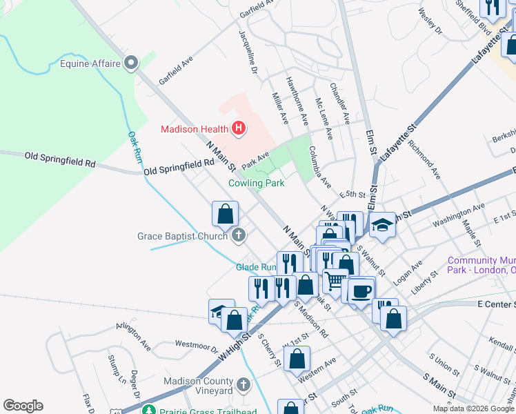 map of restaurants, bars, coffee shops, grocery stores, and more near 153 North Main Street in London