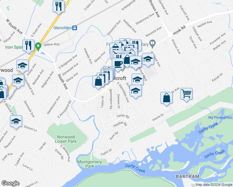 map of restaurants, bars, coffee shops, grocery stores, and more near 818 Delview Drive in Folcroft