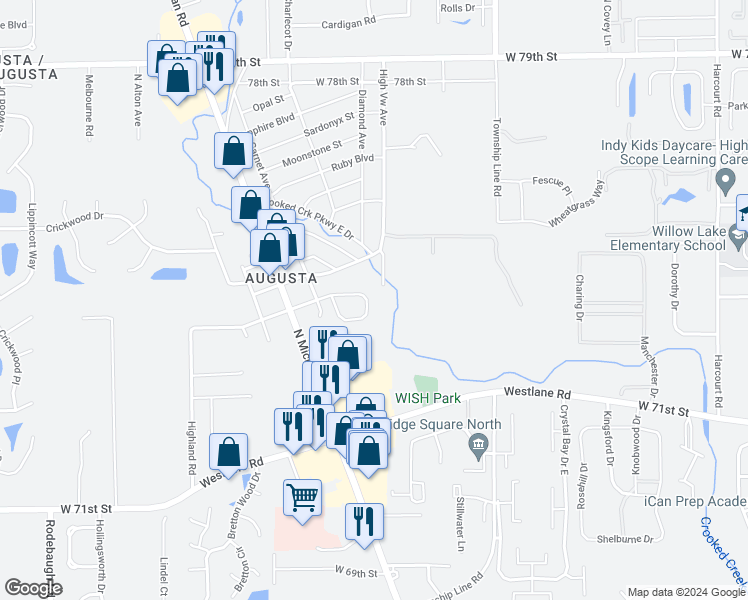 map of restaurants, bars, coffee shops, grocery stores, and more near 2711 Wortham Way in Indianapolis
