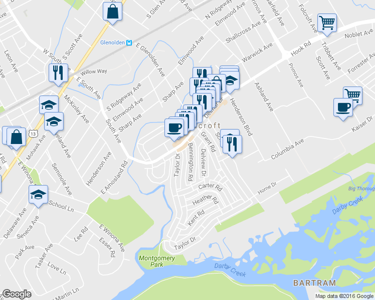 map of restaurants, bars, coffee shops, grocery stores, and more near 730 Bennington Road in Folcroft