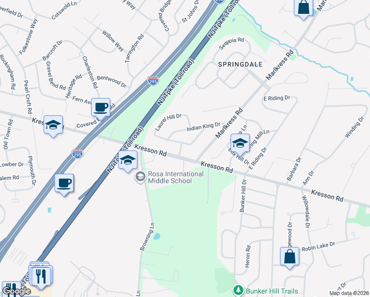 map of restaurants, bars, coffee shops, grocery stores, and more near 3 Colonial Lane in Cherry Hill