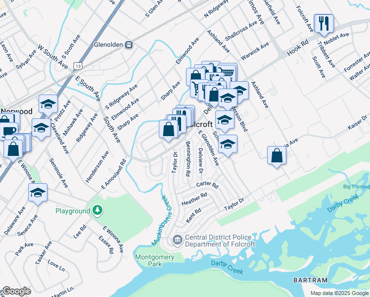 map of restaurants, bars, coffee shops, grocery stores, and more near 730 Bennington Road in Folcroft