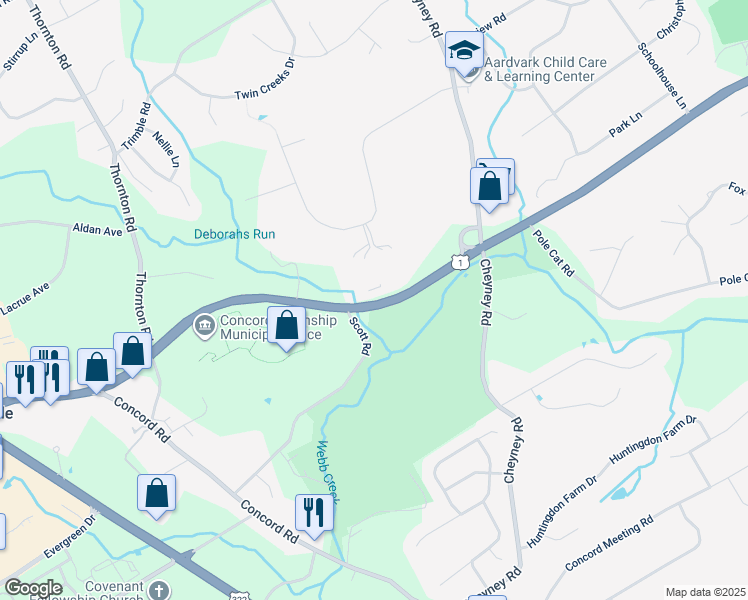 map of restaurants, bars, coffee shops, grocery stores, and more near 589 Baltimore Pike in Glen Mills