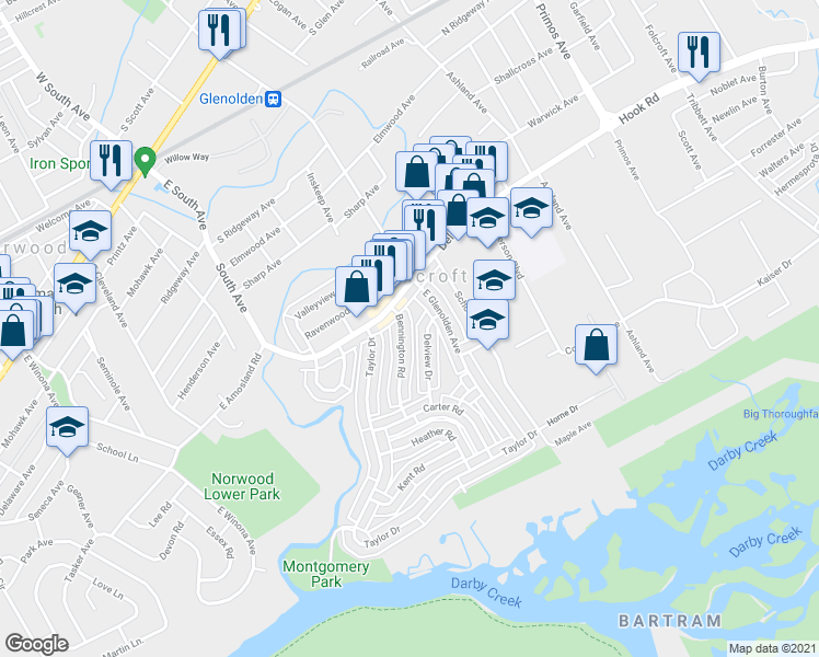map of restaurants, bars, coffee shops, grocery stores, and more near 731 Bennington Road in Folcroft