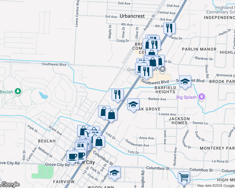 map of restaurants, bars, coffee shops, grocery stores, and more near 3685-3687 Broadway in Grove City
