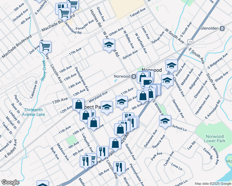 map of restaurants, bars, coffee shops, grocery stores, and more near 1109 Washington Avenue in Prospect Park