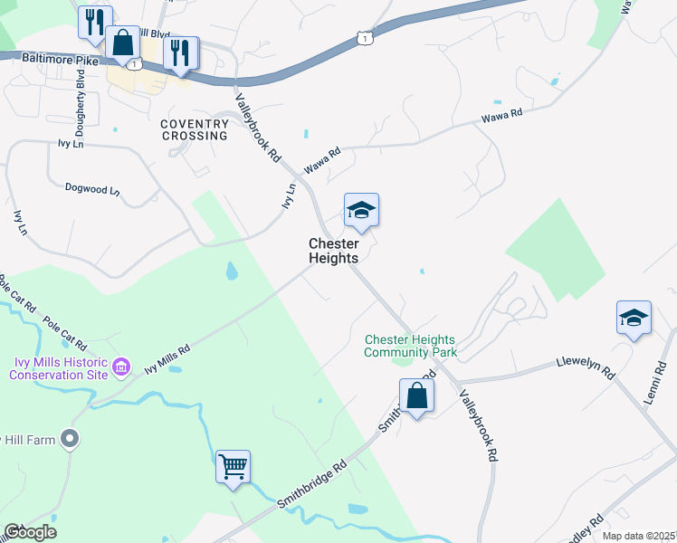 map of restaurants, bars, coffee shops, grocery stores, and more near 8 Ivy Mills Road in Glen Mills