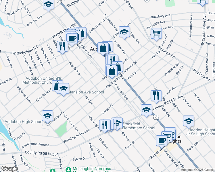 map of restaurants, bars, coffee shops, grocery stores, and more near 117 Chestnut Street in Audubon