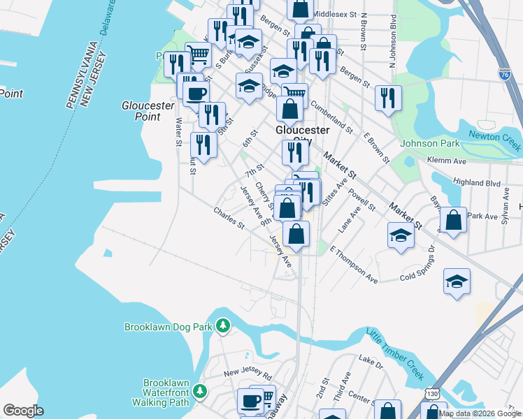 map of restaurants, bars, coffee shops, grocery stores, and more near 813 Jersey Avenue in Gloucester City