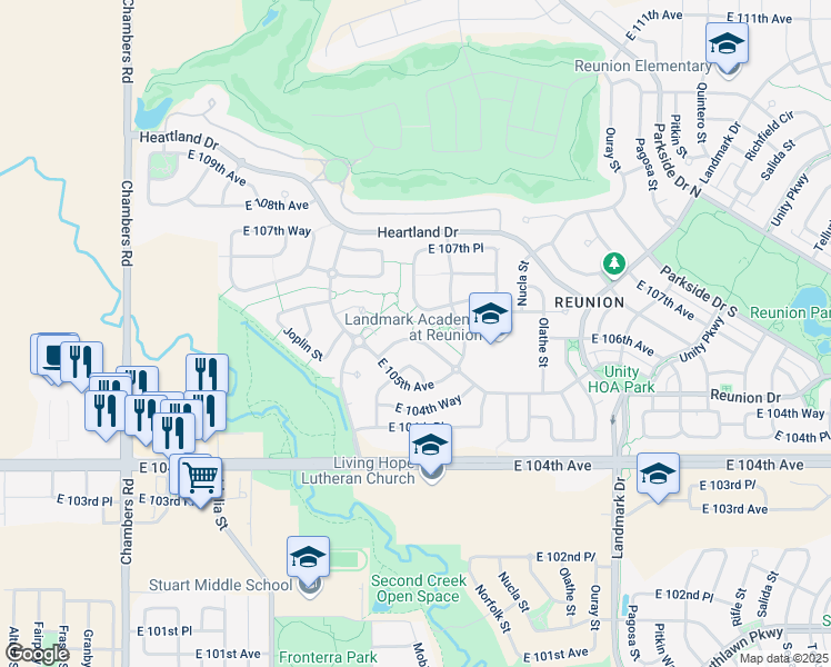 map of restaurants, bars, coffee shops, grocery stores, and more near 16209 East 105th Way in Commerce City