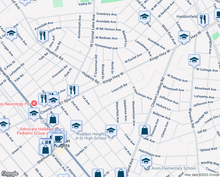 map of restaurants, bars, coffee shops, grocery stores, and more near 459 Loucroft Road in Haddonfield
