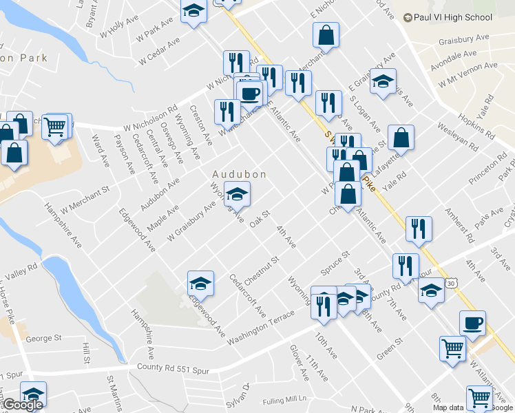 map of restaurants, bars, coffee shops, grocery stores, and more near 260 Mansion Avenue in Audubon