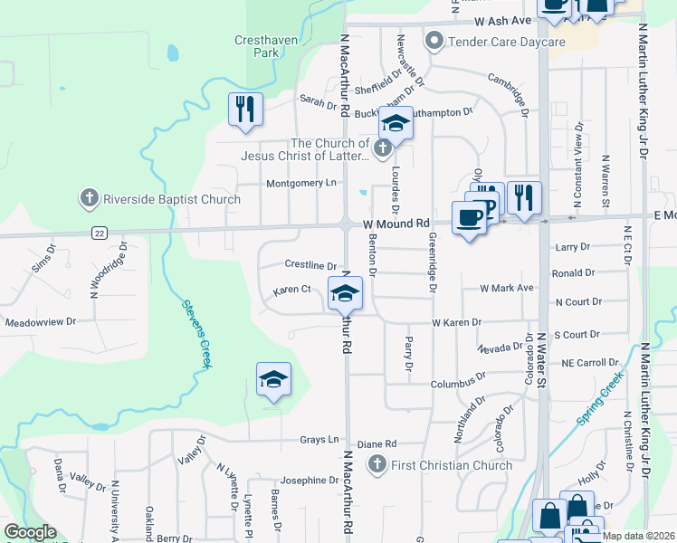 map of restaurants, bars, coffee shops, grocery stores, and more near 601 Crestline Drive in Decatur