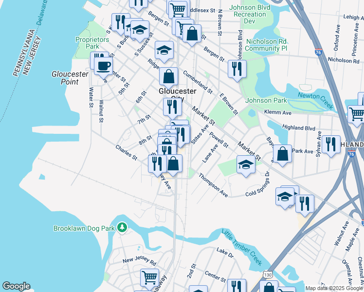 map of restaurants, bars, coffee shops, grocery stores, and more near 911 George Street in Gloucester City