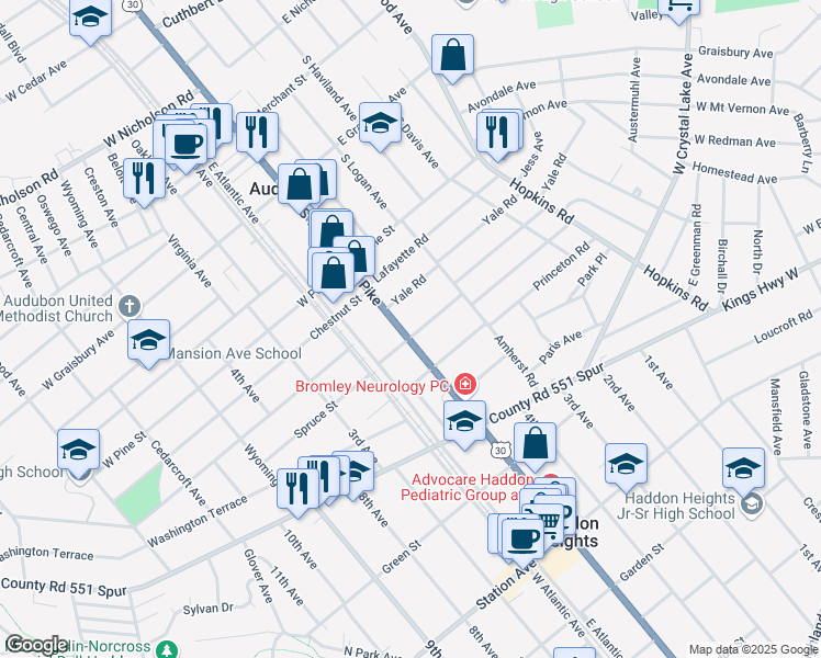 map of restaurants, bars, coffee shops, grocery stores, and more near 15 East Vassar Road in Audubon