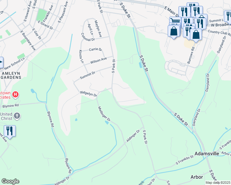 map of restaurants, bars, coffee shops, grocery stores, and more near 425 South Park Street in Dallastown