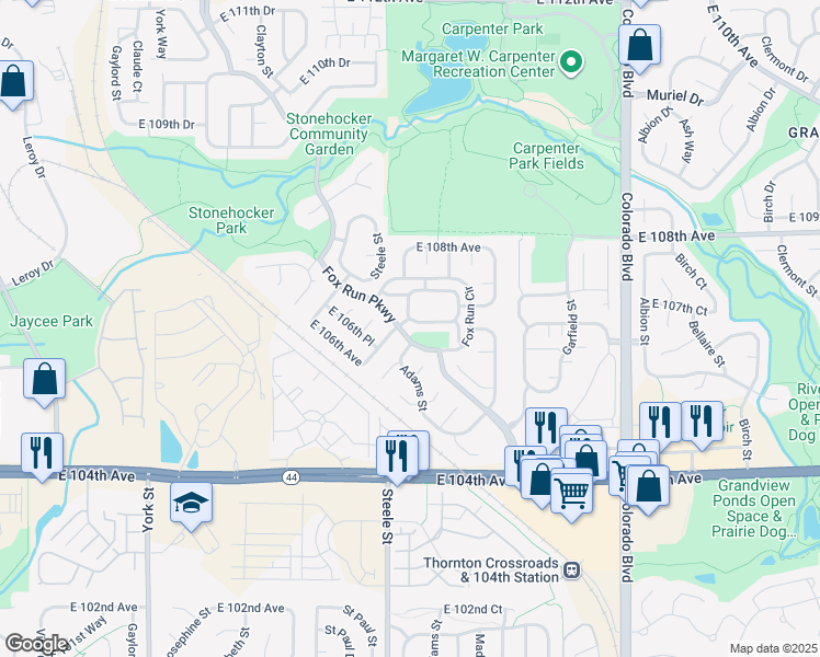 map of restaurants, bars, coffee shops, grocery stores, and more near 101 Kimblewyck Circle in Northglenn