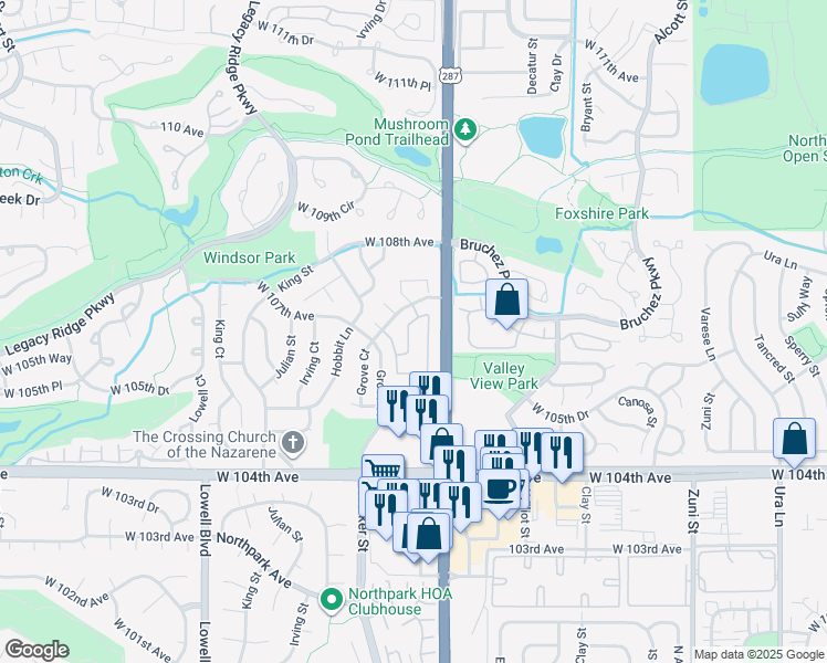 map of restaurants, bars, coffee shops, grocery stores, and more near 3032 West 107th Place in Westminster