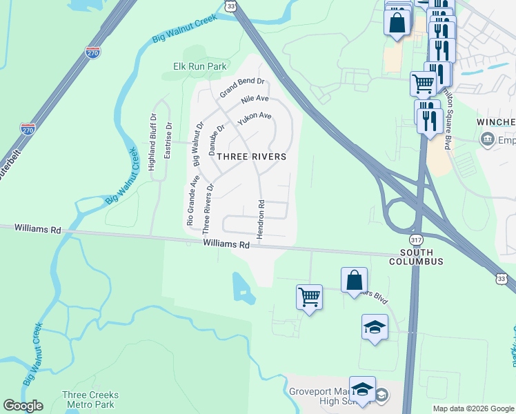 map of restaurants, bars, coffee shops, grocery stores, and more near 3917 Hendron Road in Groveport