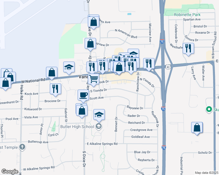 map of restaurants, bars, coffee shops, grocery stores, and more near 221 Tionda Drive South in Vandalia
