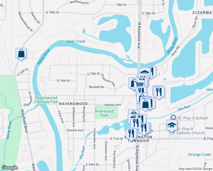 map of restaurants, bars, coffee shops, grocery stores, and more near 1936 Randall Road in Indianapolis