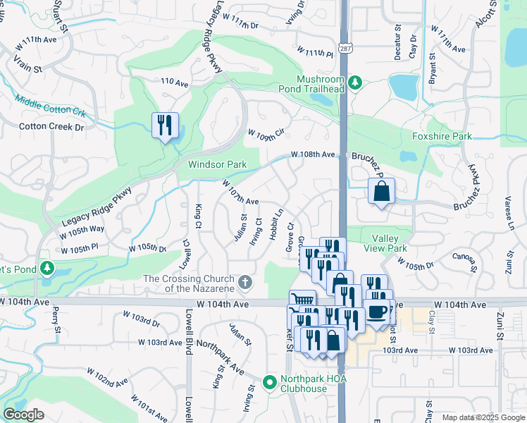 map of restaurants, bars, coffee shops, grocery stores, and more near 10656 Irving Court in Westminster