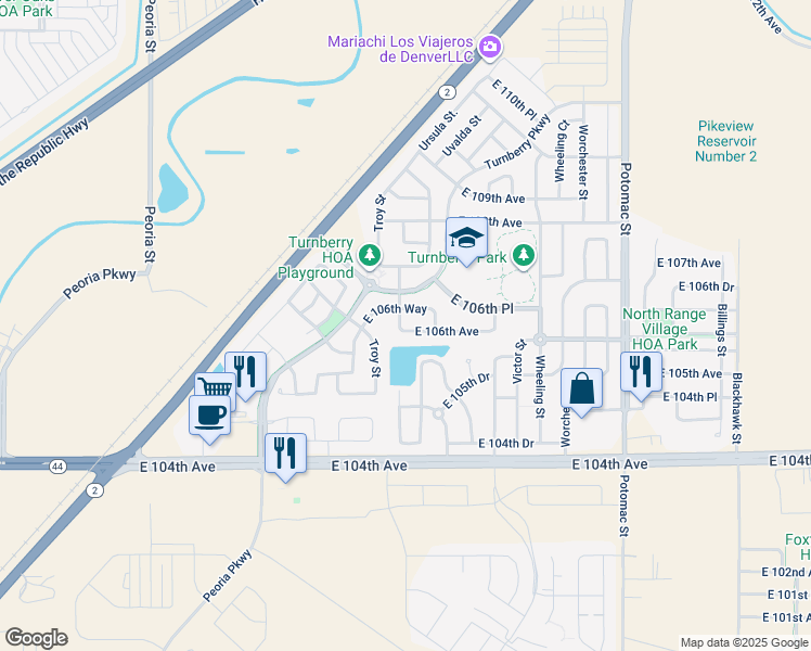 map of restaurants, bars, coffee shops, grocery stores, and more near 12927 East 106th Avenue in Commerce City