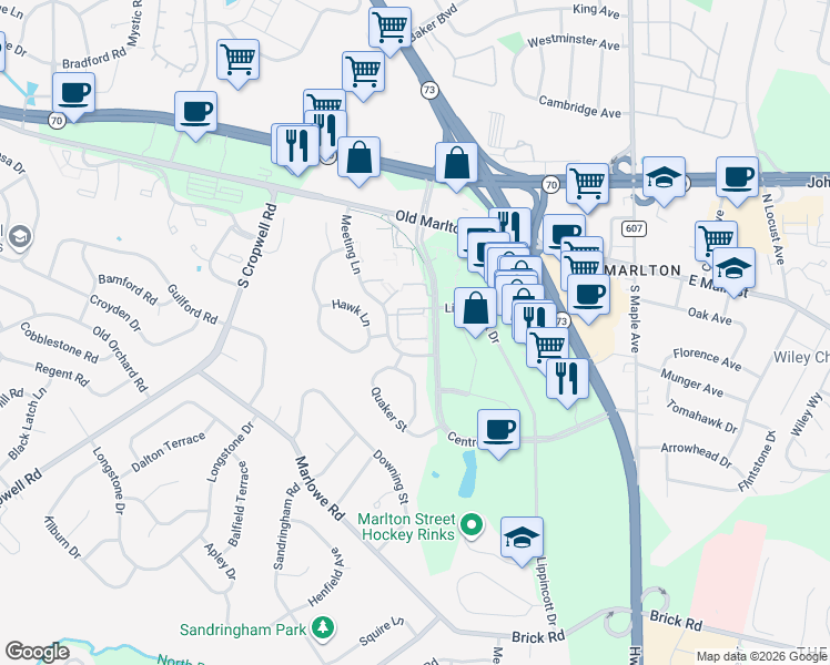 map of restaurants, bars, coffee shops, grocery stores, and more near 707 Lindsey Court in Evesham