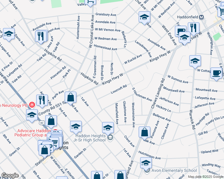 map of restaurants, bars, coffee shops, grocery stores, and more near 459 Loucroft Road in Haddonfield