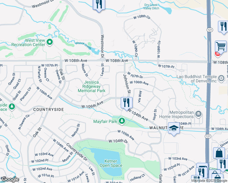 map of restaurants, bars, coffee shops, grocery stores, and more near 10637 Kipling Way in Westminster