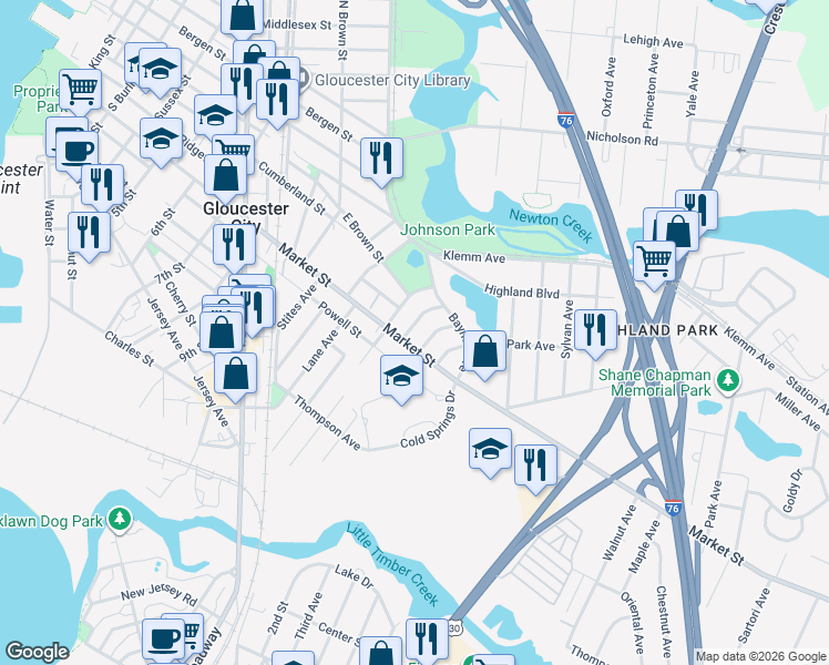 map of restaurants, bars, coffee shops, grocery stores, and more near 138 Barnaby Avenue in Gloucester City