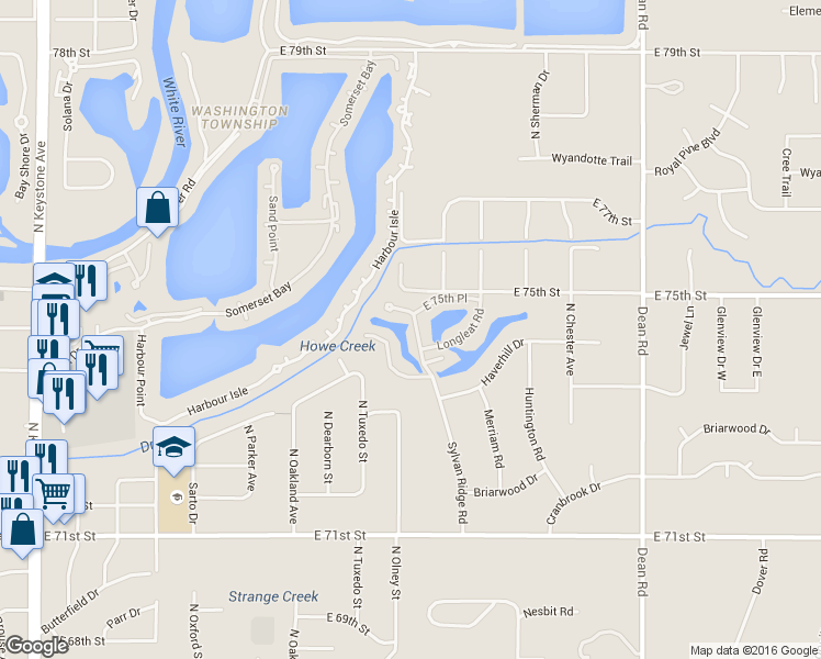 map of restaurants, bars, coffee shops, grocery stores, and more near 7420 Sylvan Ridge Road in Indianapolis