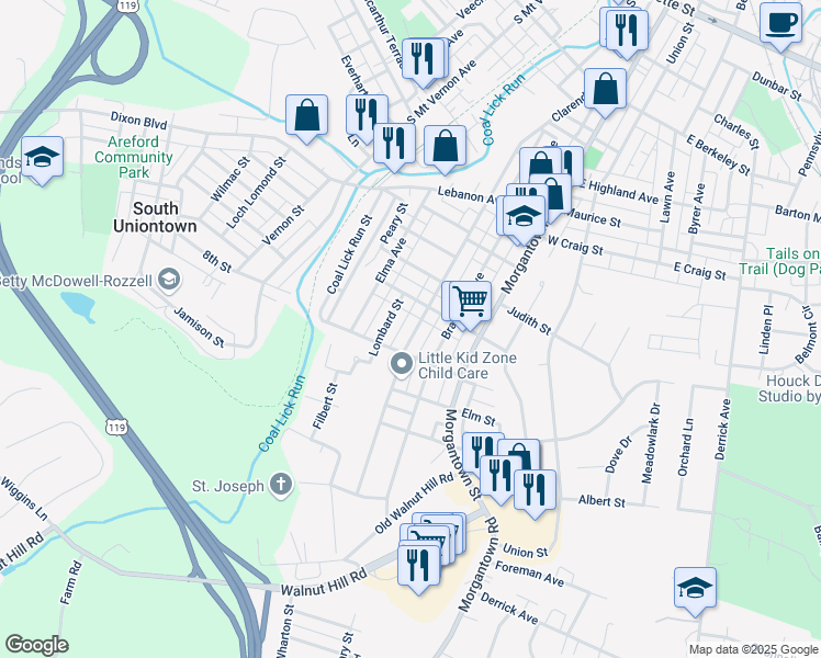 map of restaurants, bars, coffee shops, grocery stores, and more near 428 Clarendon Avenue in Uniontown