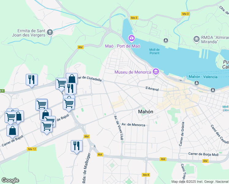 map of restaurants, bars, coffee shops, grocery stores, and more near 55A Camí de ses Vinyes in Maó
