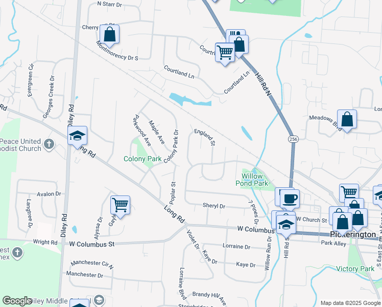 map of restaurants, bars, coffee shops, grocery stores, and more near 238 England Street in Pickerington